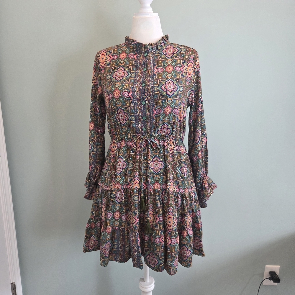 Slayer Black Label Paisley Print Ruffle Dress Long Sleeve Elastic Tie Waist - Picture 2 of 13